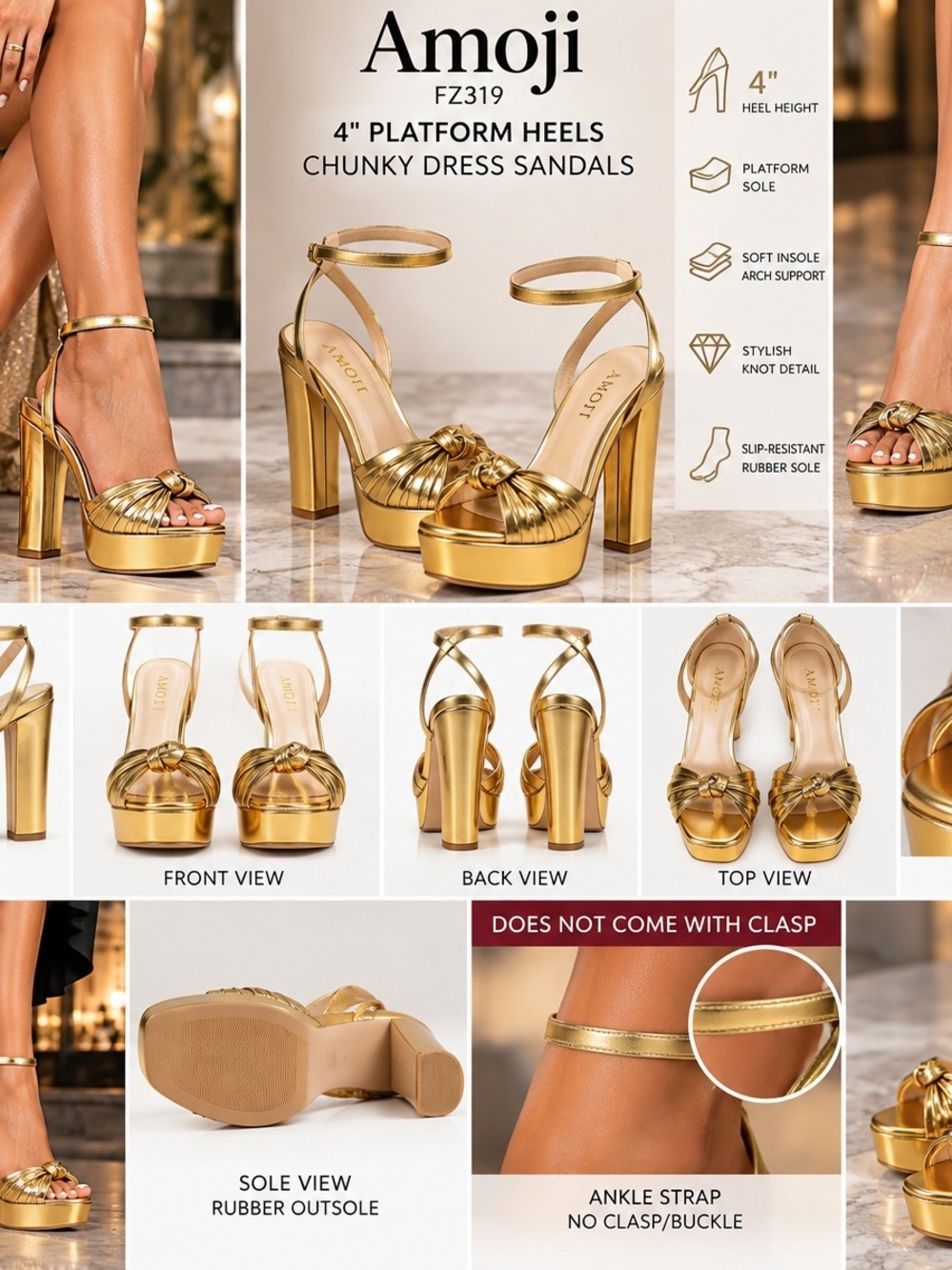 Metallic Gold Platform Heels – 4" Chunky Dress Sandals